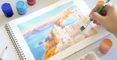 Cara melukis pemandangan Santorini dengan Poster Colour